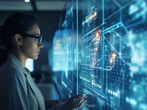 Frau, die ein futuristisches Glas-Touch-Display bedient – Symbol für Innovation und Zukunftstechnologie