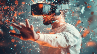 Man with a VR headset in a virtual environment – representation of digital transformation