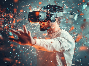 Mann mit VR-Brille in virtueller Umgebung – Darstellung der digitalen Transformation
