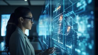 Frau, die ein futuristisches Glas-Touch-Display bedient – Symbol für Innovation und Zukunftstechnologie